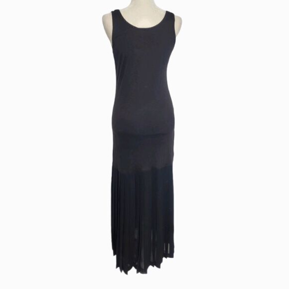 VINTAGE 90s black bias maxi tank dress with sheer knife pleated panel S - Picture 4 of 11